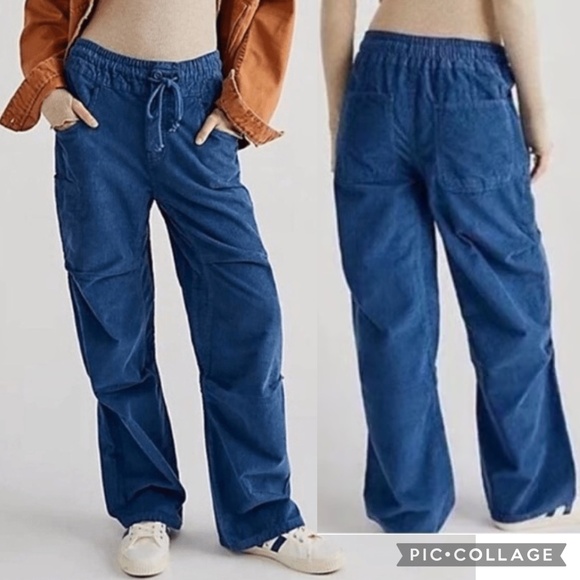 We The Free Modern Love High Rise Pull-On Corduroy Blue Drawstring Cargos Size M - Picture 15 of 15